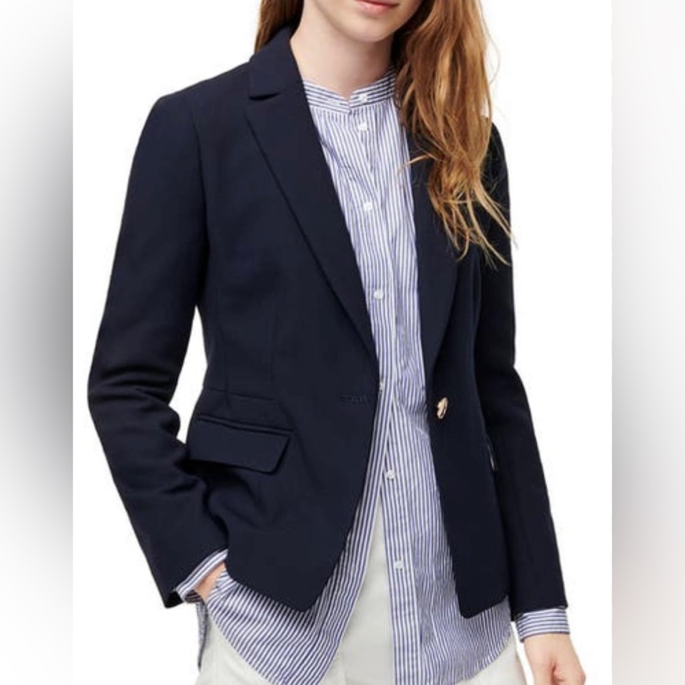 J.Crew Mayfair Blazer in navy. Cute back pleated detail!